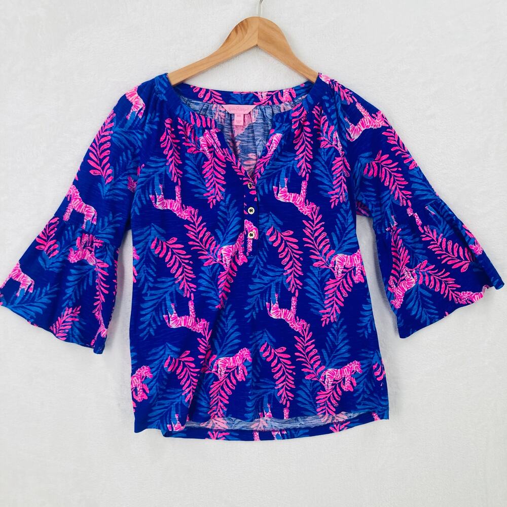 Lily Pulitzer Blouse Womens XXS Blue Teigan Zebra Print 3/4 Bell Sleeves Top
